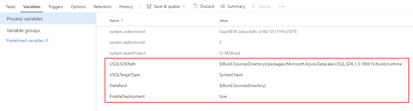 Definire variabili di CI/CD di MSBuild per un progetto U-SQL