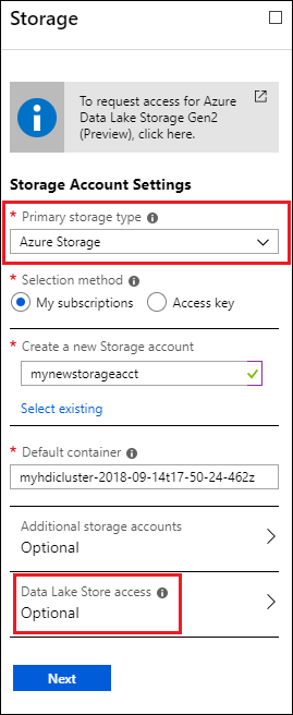 Impostazioni aggiuntive dell'account di archiviazione di HDInsight