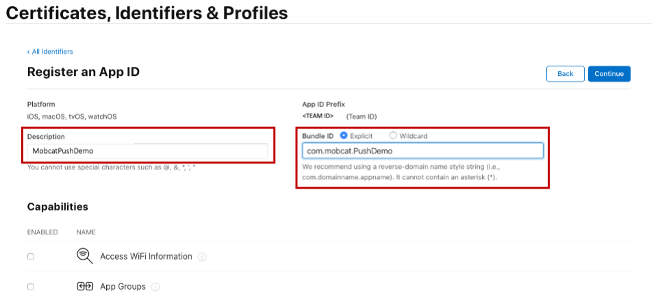 pagina id app del portale di provisioning iOS