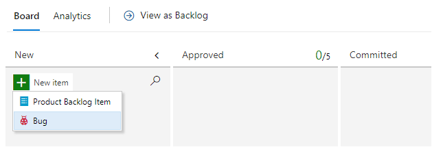From Kanban board, Add bug.