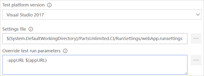 Screenshot shows passing parameters to test code from a build or release pipeline.