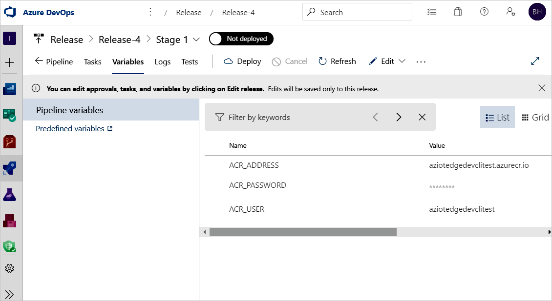 Configurare le variabili per la pipeline di versione nella scheda Variabili