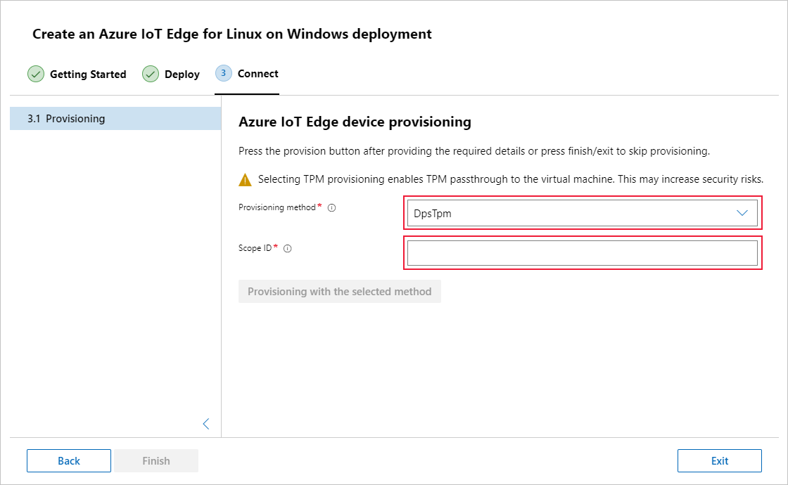 Screenshot che mostra il provisioning del dispositivo con il servizio device provisioning e l'attestazione TPM.