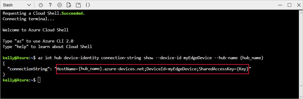 Screenshot che mostra l'output connectionString in Cloud Shell.