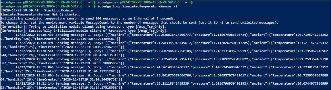 Visualizzare i log di output del modulo Simulated Temperature Sensor.View the output logs of the Simulated Temperature Sensor module.