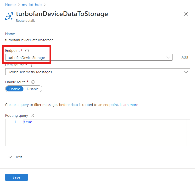 Screenshot che mostra i dettagli sulla route turbofanDeviceDataToStorage.