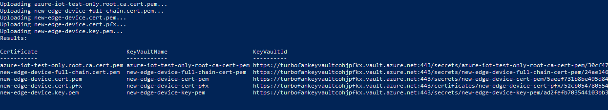 Screenshot che mostra l'output dello script di Key Vault.