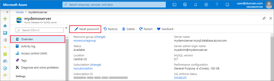 Screenshot di portale di Azure per reimpostare la password in Database di Azure per MySQL