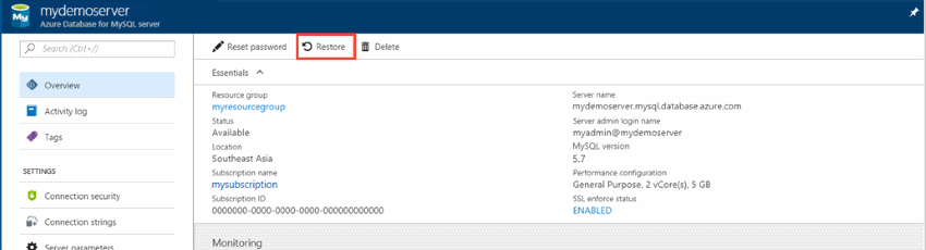 Database di Azure per MySQL: Panoramica - Pulsante Ripristina