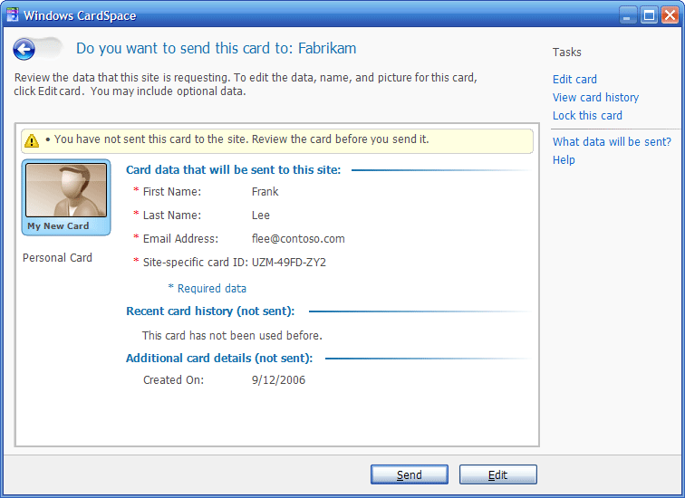 Invio di una scheda di Windows CardSpace a un sito