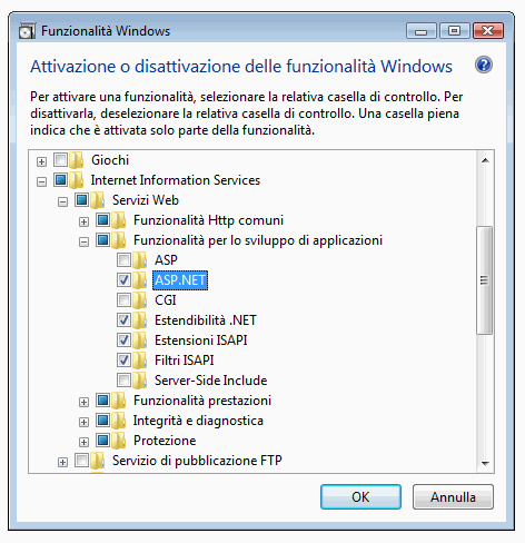 Impostazioni obbligatorie per ASP.NET