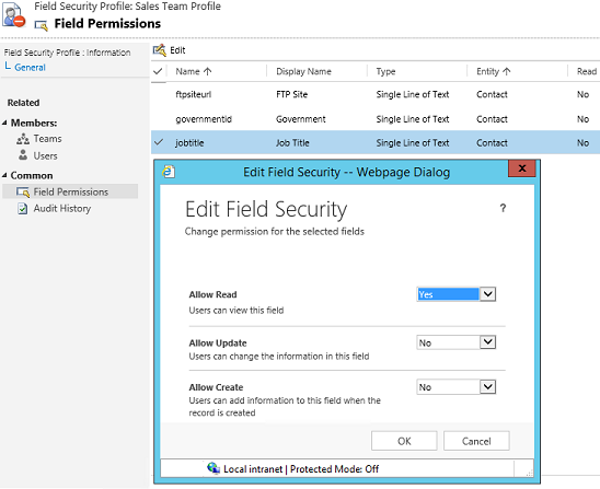 Edit Field Security form in Dynamics 365