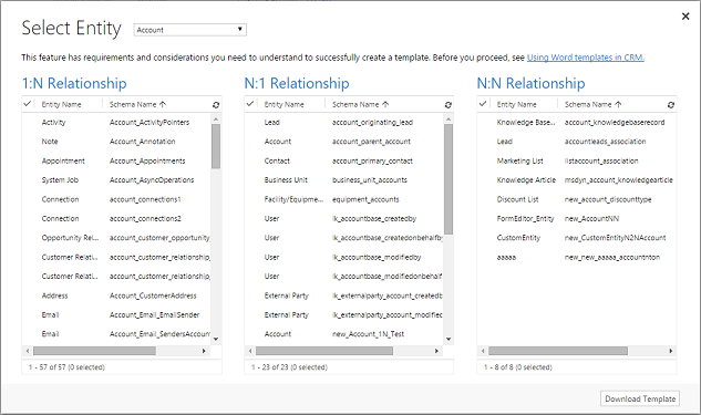 Seleziona entità per il modello Word