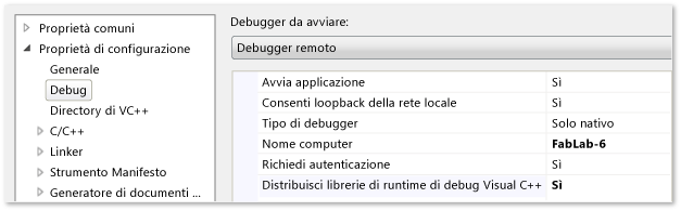 Proprietà del progetto C++ per il debug remoto