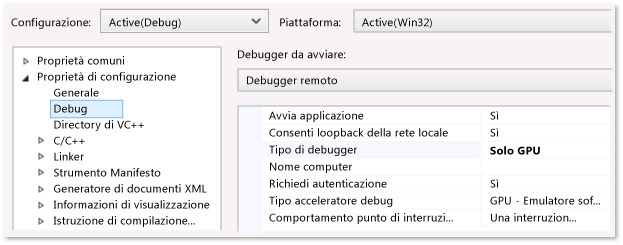 Pagina delle proprietà di debug dell'applicazione Windows Store