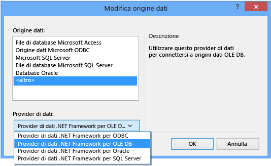 Modificare il provider di dati in OLE DB