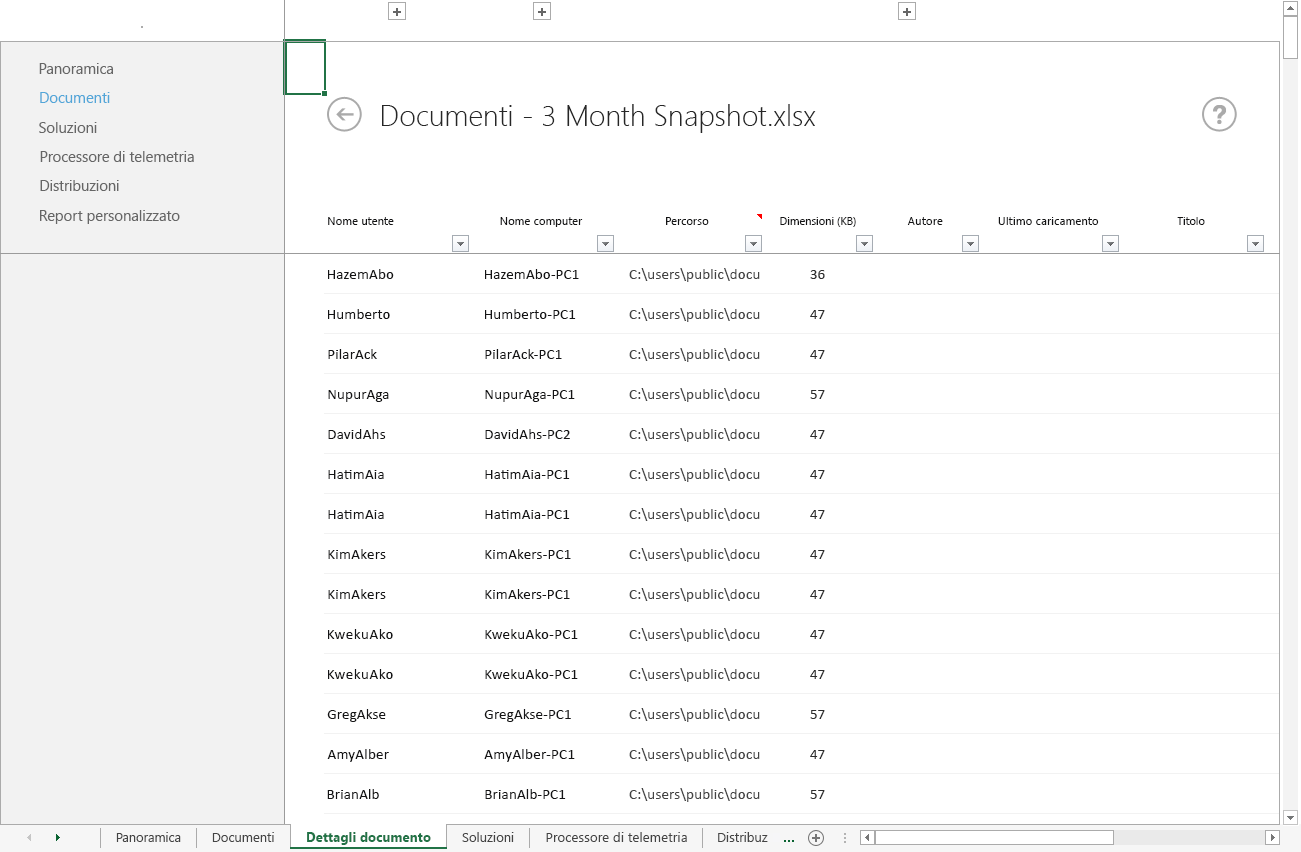 Schermata della visualizzazione del foglio di lavoro Dettagli documento del dashboard di telemetria di Office.