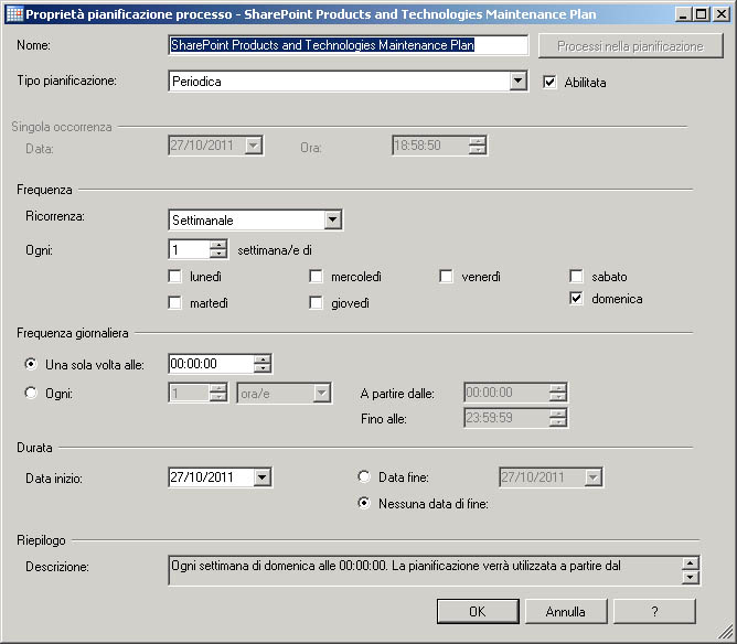 Finestra di dialogo Proprietà pianificazione processo