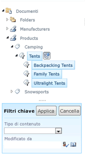 Schermata dell'elenco dei filtri chiave