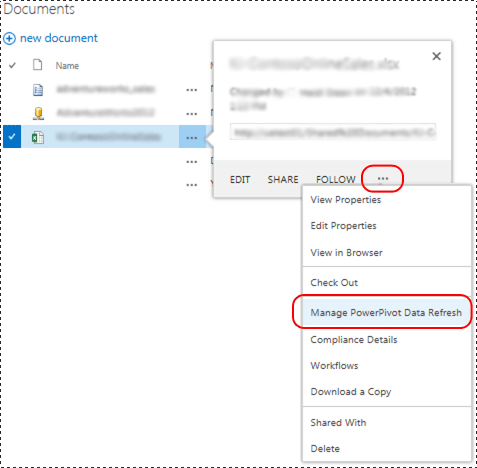 Menu di scelta rapida gestisci aggiornamento dati