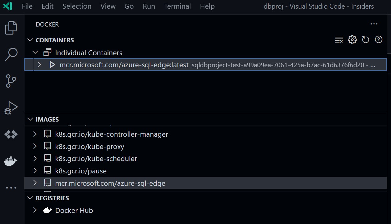 Screenshot dell'uso dell'estensione Docker per esplorare l'emulatore di database SQL di Azure.