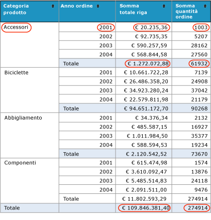 Report di riepilogo delle vendite dei prodotti con valori cerchiati