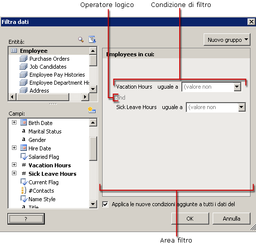 Finestra di dialogo Filtra dati