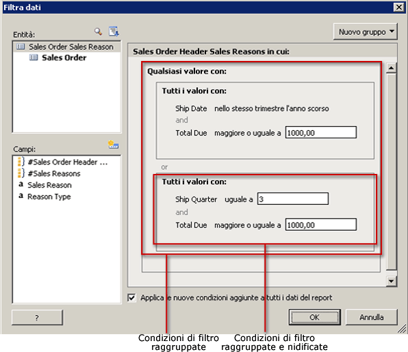 Finestra di dialogo Filtra dati con condizioni raggruppate