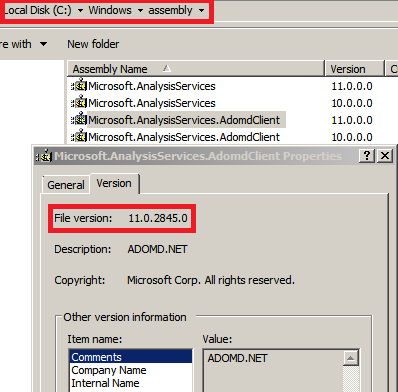 Finestra di dialogo della versione del file ADOMD.NET