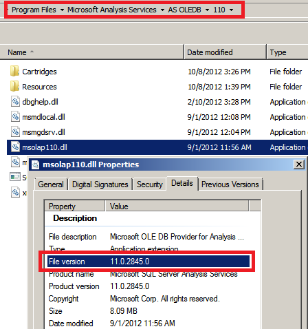 Finestra di dialogo della versione del file del provider OLEDB