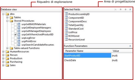 Stored procedure in finestra Progettazione query con interfaccia grafica