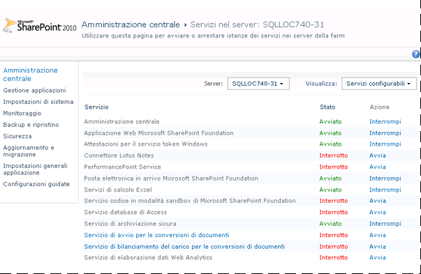 Schermata della pagina Gestisci servizi nel server