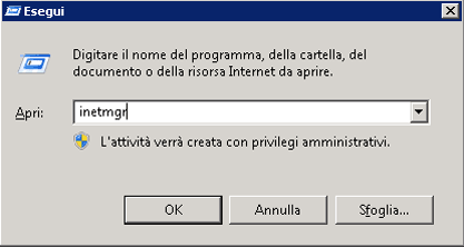 Schermata di un comando di esecuzione con inetmgr exe