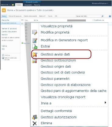 Aprire Gestione avvisi dal menu di scelta rapida del report