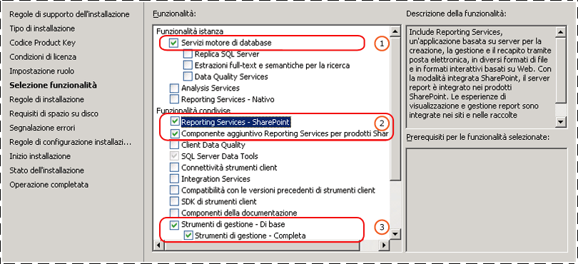 Selezione della funzionalità SSRS per la modalità SharePoint