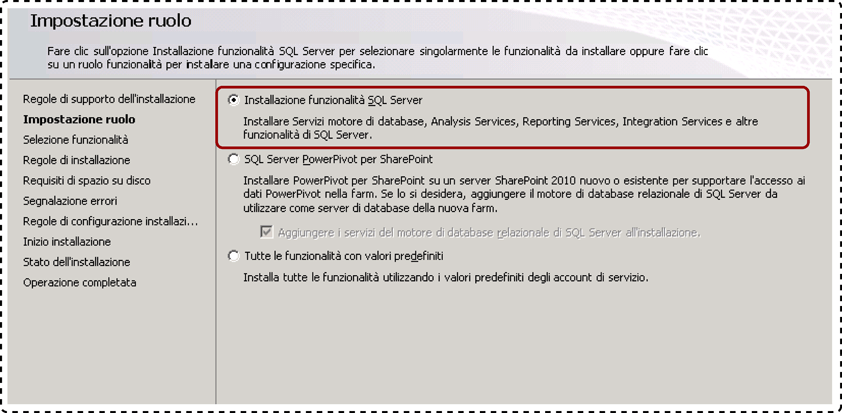 Installazione funzionalità SQL Server per il ruolo di installazione