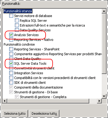 Albero delle funzionalità del programma di installazione in cui viene mostrato Analsyis Services