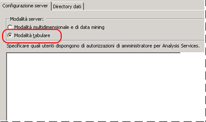 Pagina di installazione con le opzioni di configurazione di Analysis Services