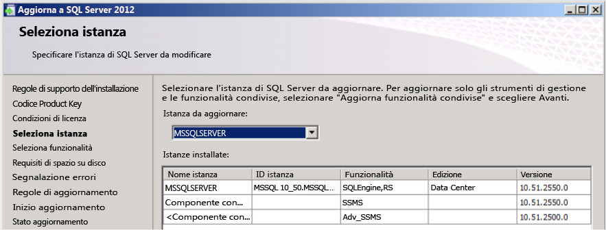 Interfaccia utente per l'aggiornamento dell'installazione integrata di SQL Server 2012 SP1