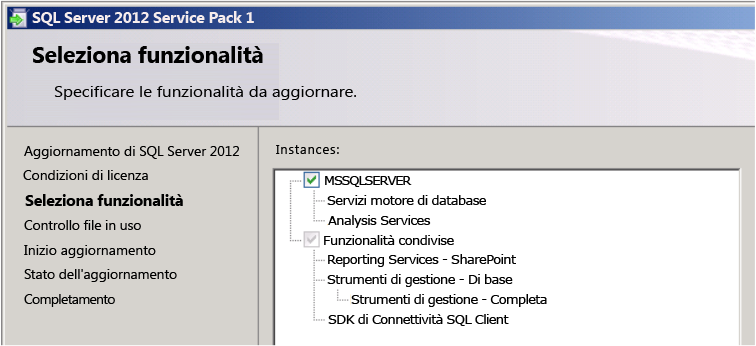 Interfaccia utente dell'aggiornamento di SQL Server 2012 SP1