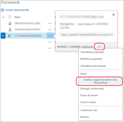 menu di scelta rapida Gestisci aggiornamento dati