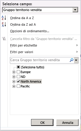 Riquadro Filtro per la selezione di North America