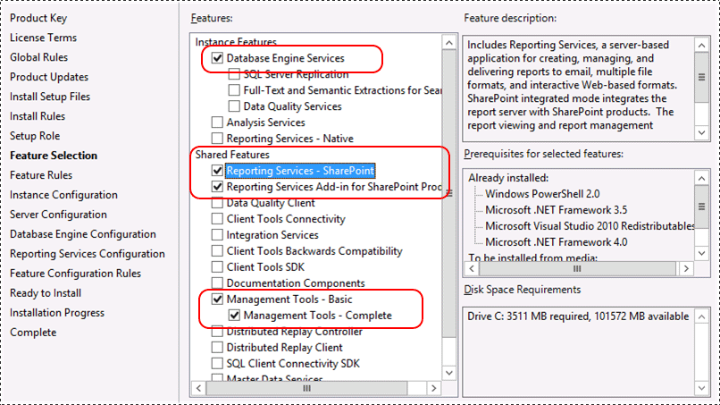 Selezione delle funzionalità SSRS per la selezione delle funzionalità SSRS in modalità SSRS