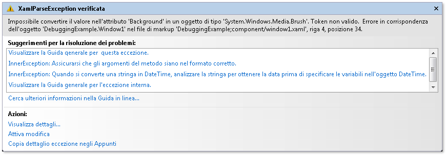 Informazioni sulle eccezioni che mostra un errore di analisi XAML