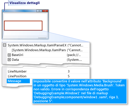 Informazioni sulle eccezioni che mostra un errore di analisi XAML