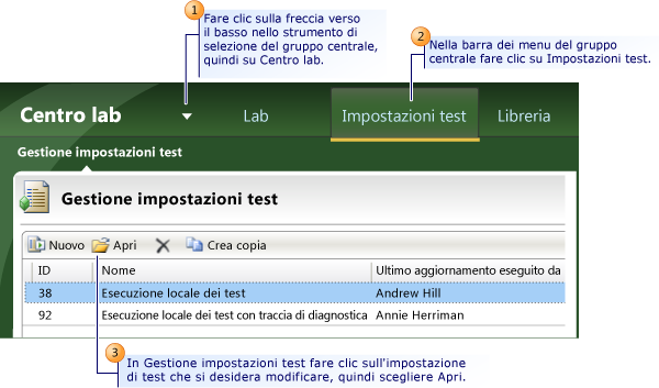 Modifica di un'impostazione di test esistente