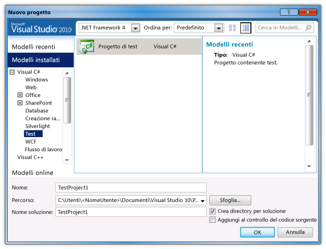 Finestra di dialogo Nuovo progetto di test