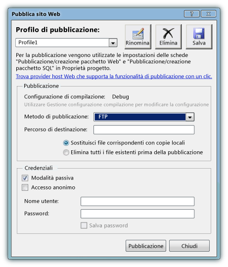 Finestra di dialogo Pubblica sito Web con FTP selezionato