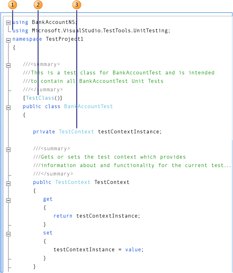 Sezione superiore di un file di unit test di esempio