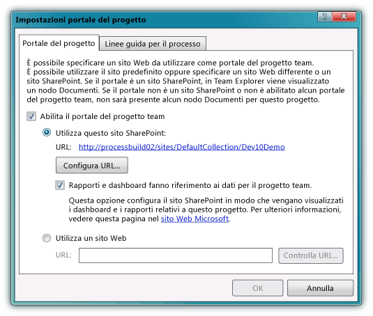 Finestra di dialogo Impostazioni portale del progetto